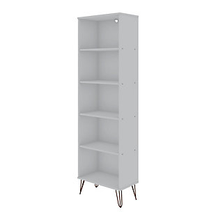 Mid-century modern at its best, the Rockefeller bookcase features plenty of shelving space for displaying your impressive book collection, decorative accents and favorite framed photos. A seamless design and artful metal splayed legs keep this piece fresh as it moves easily from space to space and works well with any existing decor. Line up books by color in stacks, dress up the shelves with fresh florals, or find new ways to use this versatile bookcase.Includes 5 shelves | Shelves are fixed | Optional brackets included to mount to wall for safety | Painted white finish | Fashionable wire splayed legs made of metal for extra durability | Made with engineered wood | Assembly required