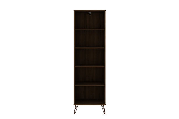 Mid-century modern at its best, the Rockefeller bookcase features plenty of shelving space for displaying your impressive book collection, decorative accents and favorite framed photos. A seamless design and artful metal splayed legs keep this piece fresh as it moves easily from space to space and works well with any existing decor. Line up books by color in stacks, dress up the shelves with fresh florals, or find new ways to use this versatile bookcase.Includes 5 shelves | Shelves are fixed | Optional brackets included to mount to wall for safety | Painted brown finish | Fashionable wire splayed legs made of metal for extra durability | Made with engineered wood | Assembly required