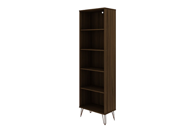 Mid-century modern at its best, the Rockefeller bookcase features plenty of shelving space for displaying your impressive book collection, decorative accents and favorite framed photos. A seamless design and artful metal splayed legs keep this piece fresh as it moves easily from space to space and works well with any existing decor. Line up books by color in stacks, dress up the shelves with fresh florals, or find new ways to use this versatile bookcase.Includes 5 shelves | Shelves are fixed | Optional brackets included to mount to wall for safety | Painted brown finish | Fashionable wire splayed legs made of metal for extra durability | Made with engineered wood | Assembly required