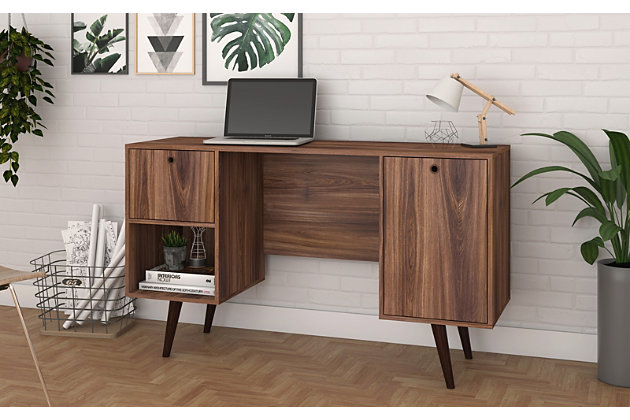 A timeless and transformative mid-century piece, the Edgar desk is functional, stylish and designed to perfection. Its elegant lines, seamless design and easy silhouette blend beautifully to elevate a space. Open and concealed storage allows for stowing all of your work accessories, files, and important books. Working shouldn't compromise your style; this desk embraces it.Includes 1 drawer, 1 open shelf and 1 large concealed storage compartment | Metallic hinges on 90-degree open door style | Ring door handle | Brown finish | Solid wood splayed legs for fashion and durability | Made with engineered wood | Assembly required