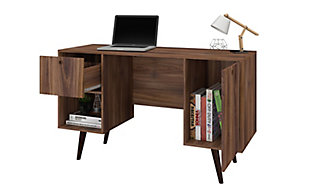 A timeless and transformative mid-century piece, the Edgar desk is functional, stylish and designed to perfection. Its elegant lines, seamless design and easy silhouette blend beautifully to elevate a space. Open and concealed storage allows for stowing all of your work accessories, files, and important books. Working shouldn't compromise your style; this desk embraces it.Includes 1 drawer, 1 open shelf and 1 large concealed storage compartment | Metallic hinges on 90-degree open door style | Ring door handle | Brown finish | Solid wood splayed legs for fashion and durability | Made with engineered wood | Assembly required