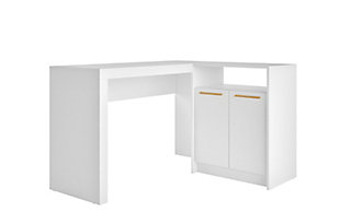 Work all day and night with the Kalmar office desk. Its classy L design and inclusive cabinet allow you to work with a clear head, while its wooden bar handles add a fresh taste of mid-century modern design. This desk is both fun and functional.Includes a side cabinet with 2 concealed shelves | Features solid wooden bar door handles | Metallic hinges on 90-degree open door style | Open and concealed shelving spaces | White finish | Made with wood | Assembly required