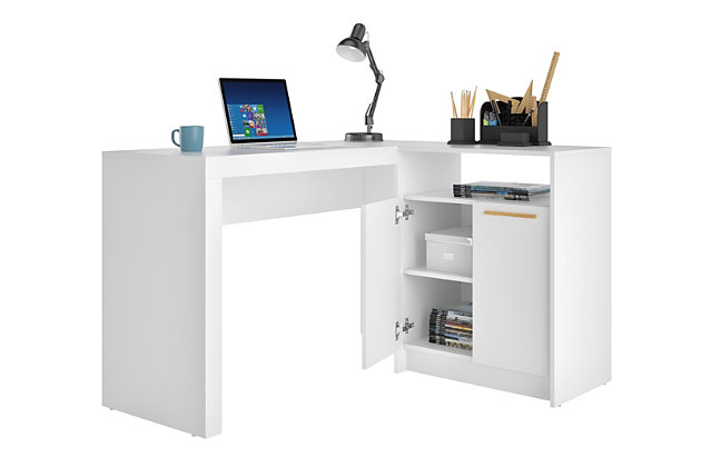 Work all day and night with the Kalmar office desk. Its classy L design and inclusive cabinet allow you to work with a clear head, while its wooden bar handles add a fresh taste of mid-century modern design. This desk is both fun and functional.Includes a side cabinet with 2 concealed shelves | Features solid wooden bar door handles | Metallic hinges on 90-degree open door style | Open and concealed shelving spaces | White finish | Made with wood | Assembly required