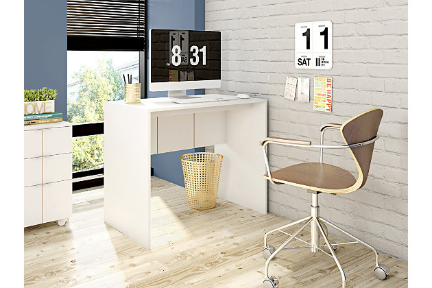 With its clean, minimalist design, the Cornelia desk is suitable for home offices or executive environments with a young and urban atmosphere. Functional in the right measure, this desk is perfect for organizing the office. It's also a perfect design for any room environment, including an office, kids room or studio.Accommodates most flat-panel tvs up to 32" | Details include lower relief design | White finish | Painted back allows you to use this product in the center of a room or for a sectional divider | Includes state-of-the-art uv-painted finish | Made with wood | Assembly required
