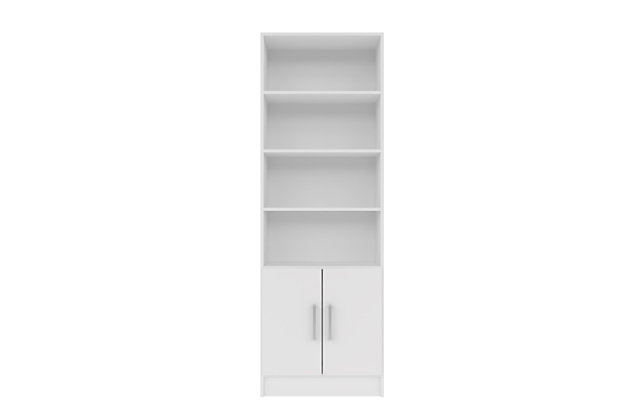 The Catarina cabinet is the perfect solution to meet all your storage needs. With two shelves concealed behind two doors, you can keep your house clean and keep clutter out of sight. Four open shelves are the perfect option to store your books or display picture frames and collectibles. Both functional and attractive with its sleek contemporary styling, this bookcase is sure to enhance the look of any room in your home.6 shelves | Wide rectangular shelves | Includes 2 cabinet doors | Doors conceal 2 shelves | White finish | Made with wood | Assembly required