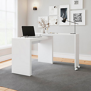 The Calabria nested desk is known for its unique and functional design. Have the desk nested or move the desk into an L shape while working to gain extra table space. It includes two casters to easily move and swivel into the shape and direction of your choice. Create a cozy work environment for yourself without skimping on style.Includes 2 casters for high desk | Desk with caster can move in either direction over the standard desk | Swivel feature allows for optimal work position | Sleek design to enhance your room environment | White finish | Made with wood | Assembly required