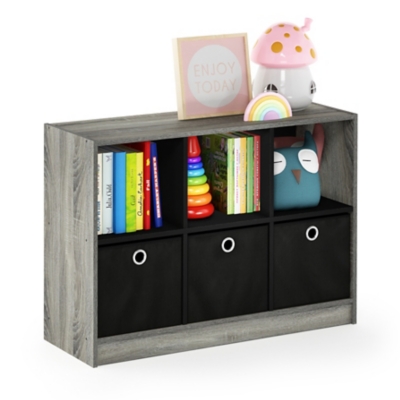 Furinno Basic 3x2 Bookcase Storage with Bins, French Oak Gray/Black, large