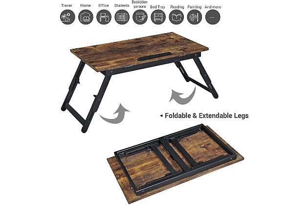 With a stylish appearance and necessary balance, this foldable laptop tray with ample legroom and a smooth tabletop is portable and extremely stable. Tuck it away when not in use to save spaceFoldable | Particleboard,Bamboo, Iron, Plastic | Tilting Angles | Easy Assembly