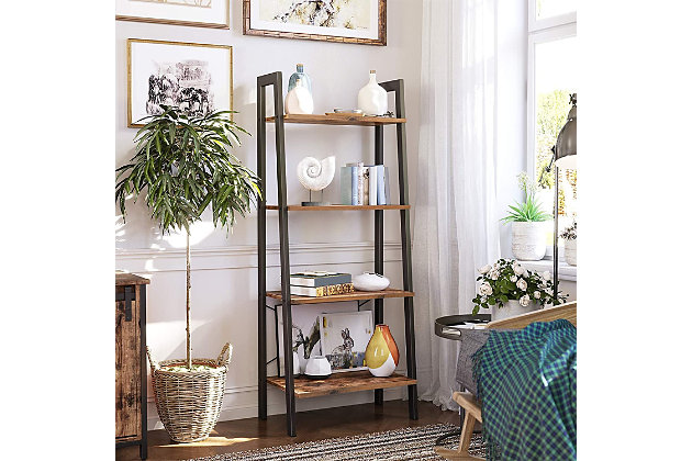 The steps get wider from top to bottom, offering plenty of space for creativity: line the shelves with green plants, books, decorations, or picture frames for a unique storage rack4 stable shelves | X-bars at back for added stability | Easy Assembly | Particleboard, Steel