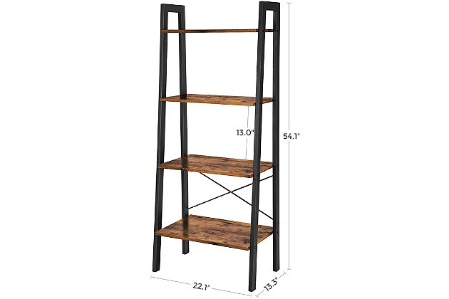 The steps get wider from top to bottom, offering plenty of space for creativity: line the shelves with green plants, books, decorations, or picture frames for a unique storage rack4 stable shelves | X-bars at back for added stability | Easy Assembly | Particleboard, Steel