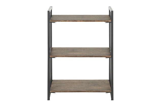 Blending sleek sophistication with rustic charm, the Indy Bookcase by LumiSource is the perfect choice for showcasing your books, accessories, decor, and more. Its stylish and clean design will complement any room, making it the perfect addition to your home.Painted steel, wood | Three open shelves | Sturdy black metal frame | Rustic wood accents | Foldable design | Assembly required
