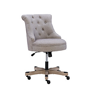 Add style and function to your office with the Sinclair Office Chair. The soft, plush frame features a button tufted back and is upholstered in a light gray dot fabric.  A washed wood base has metal casters for ease of mobility. Perfect for a home work space or the office.Adjustable height | Easy roll casters | Brushed silver nailheads | Gas lift mechanism, and casters with bifma standard | Some assembly required | Wipe clean with a damp cloth