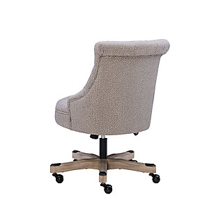 Add style and function to your office with the Sinclair Office Chair. The soft, plush frame features a button tufted back and is upholstered in a light gray dot fabric.  A washed wood base has metal casters for ease of mobility. Perfect for a home work space or the office.Adjustable height | Easy roll casters | Brushed silver nailheads | Gas lift mechanism, and casters with bifma standard | Some assembly required | Wipe clean with a damp cloth