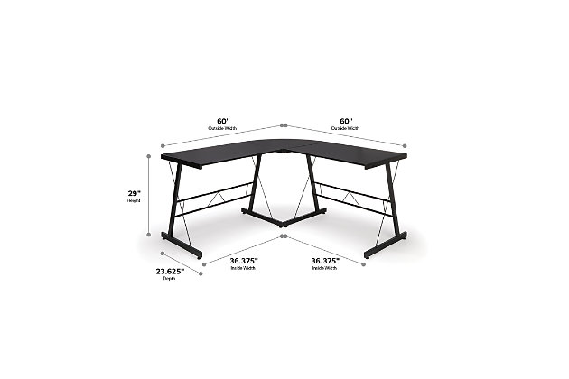 The OFM Essentials Collection is where quality meets value. This industrial modern 60" L-Shaped Desk, Corner Computer Desk, in Black, is perfect for smaller office spaces and home offices. Featuring a particle board core surrounded by high-quality melamine laminate, the 3/4" thick woodgrain top will wear well and complement your decor. The desk's accent metal legs have a powder coated paint finish, in Black, for durability and adjustable glides for easy surface leveling. The desk is 60" L x 23.625" D Left - 60" L x 23.625" D Right – 29" H.Industrial modern L - shaped desk | Small footprint perfect for home and smaller offices | High quality melamine laminate top | Powder coated industrial metal accent frame | Adjustable glides | OFM Limited Warranty