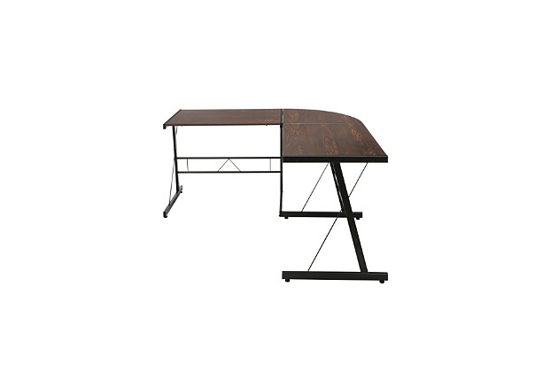 The OFM Essentials Collection is where quality meets value. This industrial modern 60" L-Shaped Desk, Corner Computer Desk, in Wenge, is perfect for smaller office spaces and home offices. Featuring a particle board core surrounded by high-quality melamine laminate, the 3/4" thick woodgrain top will wear well and complement your decor. The desk's accent metal legs have a powder coated paint finish, in Black, for durability and adjustable glides for easy surface leveling. The desk is 60" L x 23.625" D Left - 60" L x 23.625" D Right – 29" H.Industrial modern L - shaped desk | Small footprint perfect for home and smaller offices | High quality melamine laminate top | Powder coated industrial metal accent frame | Adjustable glides | OFM Limited Warranty