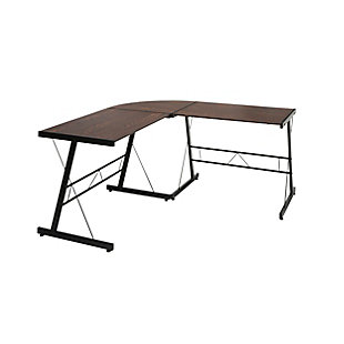 The OFM Essentials Collection is where quality meets value. This industrial modern 60" L-Shaped Desk, Corner Computer Desk, in Wenge, is perfect for smaller office spaces and home offices. Featuring a particle board core surrounded by high-quality melamine laminate, the 3/4" thick woodgrain top will wear well and complement your decor. The desk's accent metal legs have a powder coated paint finish, in Black, for durability and adjustable glides for easy surface leveling. The desk is 60" L x 23.625" D Left - 60" L x 23.625" D Right – 29" H.Industrial modern L - shaped desk | Small footprint perfect for home and smaller offices | High quality melamine laminate top | Powder coated industrial metal accent frame | Adjustable glides | OFM Limited Warranty