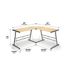 The OFM Essentials Collection is where quality meets value. This industrial modern 60" L-Shaped Desk, Corner Computer Desk, in Maple, is perfect for smaller office spaces and home offices. Featuring a particle board core surrounded by high-quality melamine laminate, the 3/4" thick woodgrain top will wear well and complement your decor. The desk's accent metal legs have a powder coated paint finish, in silvertone, for durability and adjustable glides for easy surface leveling. The desk is 60" L x 23.625" D Left - 60" L x 23.625" D Right – 29" H.Industrial modern L - shaped desk | Small footprint perfect for home and smaller offices | High quality melamine laminate top | Powder coated industrial metal accent frame | Adjustable glides | OFM Limited Warranty