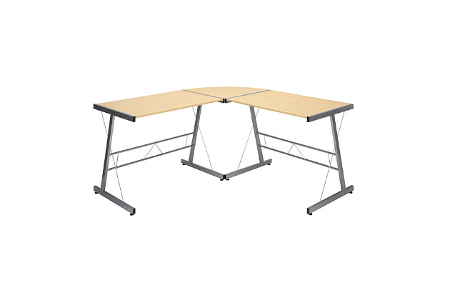 The OFM Essentials Collection is where quality meets value. This industrial modern 60" L-Shaped Desk, Corner Computer Desk, in Maple, is perfect for smaller office spaces and home offices. Featuring a particle board core surrounded by high-quality melamine laminate, the 3/4" thick woodgrain top will wear well and complement your decor. The desk's accent metal legs have a powder coated paint finish, in silvertone, for durability and adjustable glides for easy surface leveling. The desk is 60" L x 23.625" D Left - 60" L x 23.625" D Right – 29" H.Industrial modern L - shaped desk | Small footprint perfect for home and smaller offices | High quality melamine laminate top | Powder coated industrial metal accent frame | Adjustable glides | OFM Limited Warranty