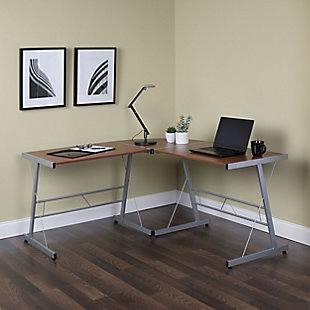 OFM Essentials 60" Metal L-Shaped Desk, Walnut, large