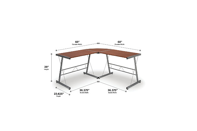 The OFM Essentials Collection is where quality meets value. This industrial modern 60" L-Shaped Desk, Corner Computer Desk, in Walnut, is perfect for smaller office spaces and home offices. Featuring a particle board core surrounded by high-quality melamine laminate, the 3/4" thick woodgrain top will wear well and complement your decor. The desk's accent metal O-frame legs have a powder coated paint finish, in silvertone, for durability and adjustable glides for easy surface leveling. The desk is 60" L x 23.625" D Left - 60" L x 23.625" D Right – 29" H.Industrial modern L - shaped desk | Small footprint perfect for home and smaller offices | High quality melamine laminate top | Powder coated industrial metal accent frame | Adjustable glides | OFM Limited Warranty