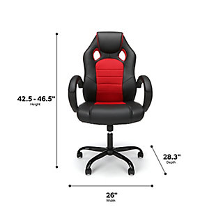 The Essentials Collection High-Back Gaming Chair is a racing style, ergonomic and quality made piece of furniture packed full of features that make it a perfect addition to your office and gaming sessions alike and is one of the best gaming chairs around. This affordable, stylish gaming chair is upholstered with breathable mesh fabric and PU leather, while the gaming chairs’ comfort features include an integrated padded headrest, integrated lumbar support and arm pads for comfort during those long hours at the office or gaming. This video game chair features several ergonomic features such as a generous tilt from upright to laid back, tilt tension and pneumatic height adjustment. Perfect for esports gamers, the high-back, sturdy metal base and steel frame ensure that you feel supported in all the right spots to maximize your experience. The multipurpose online gaming chair holds users up to 275 lb and measures 28.3" D x 26" W x 42.5"- 46.5" H with a seat thickness of 3.5". Relax knowing this desk chair is backed by the OFM Limited Warranty.Breathable mesh fabric | Integrated lumbar support | Integrated padded headrest and arm pads | Padded loop arm pads | Chair tilt functionality | OFM Limited Warranty