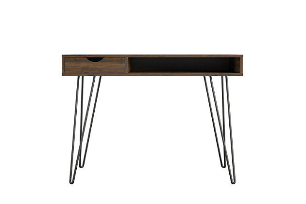 Add some mid-century style to your space with the Novogratz Concord Computer Desk with Storage. Inspired by mid-century design, the classic medium brown woodgrain finish on the laminated particleboard pairs with the black metal hairpin legs for a retro twist. The minimalistic design makes this Desk a perfect addition to your dorm room or small apartment. The desktop is large enough for you to work from home or browse social media on your laptop. The open cubby allows you to store notebooks, writing utensils, and papers off of the desktop but still within reach to keep your workspace clutter free. The convenient drawer is perfect for storing away extra office supplies. The back of the desk features an open cubby that is perfect for hiding a power strip. The Desk ships flat to your door and assembly is required upon opening. Two adults are recommended to assemble. Once assembled, the Desk measures to be 30.75”H x 41.61”W x 19.69”D.Give your workspace a mid-century modern upgrade with the novogratz concord computer desk with storage | Made of laminated particleboard, the medium brown woodgrain finish pairs with the black metal hairpin legs for a retro twist | Desktop is spacious enough for your laptop and office supplies. The open cubby and drawer allows you to keep notebooks, paper, and office supplies within reach and off of your workspace | The open cubby in the back of the desk is the perfect hiding spot for a power strip | The desk ships flat to your door and 2 adults are recommended to assemble. The desktop can support up to 75 lbs. The open cubby can hold up to 15 lbs. While the drawer can hold 10 lbs. Assembled dimensions: 30.75”h x 41.61”w x 19.69”d | Complete your room with other items from the concord collection for a coordinated look (sold separately) | 1 year limited warranty included