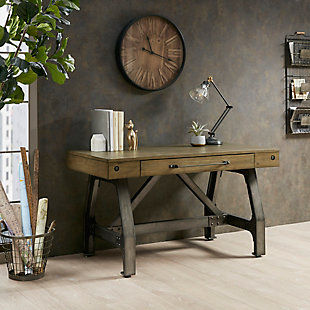 The bold industrial-inspired look of the Lancaster Desk is a must-have for your home workspace. The desk top features an aged oak finish paired with an antiqued silvertone finish on the base that mimics the texture of metal. A single storage drawer sporting a large metal bar pull adds fashionable function.Made with wood, veneer and engineered wood | Top with aged oak finish | Base with antiqued silvertone finish | Metal accents and drawer pull | 1 storage drawer | Assembly required