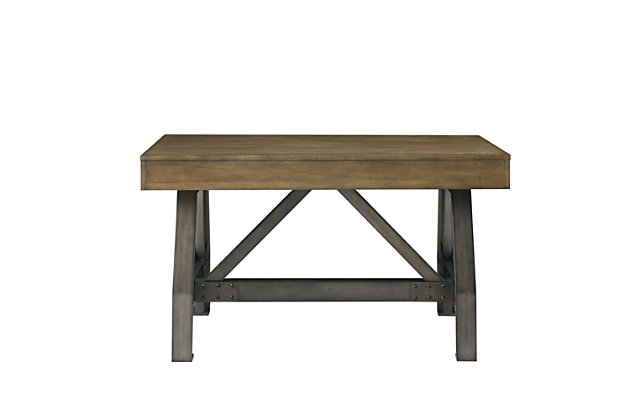 The bold industrial-inspired look of the Lancaster Desk is a must-have for your home workspace. The desk top features an aged oak finish paired with an antiqued silvertone finish on the base that mimics the texture of metal. A single storage drawer sporting a large metal bar pull adds fashionable function.Made with wood, veneer and engineered wood | Top with aged oak finish | Base with antiqued silvertone finish | Metal accents and drawer pull | 1 storage drawer | Assembly required