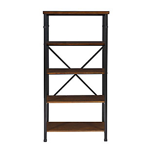 A cool commingling of modern and industrial style, the Austin bookcase is sure to stack up beautifully in your space. Its open concept design takes minimalism to the max. Four spacious shelves offer plenty of room for books, baskets and home accents.Shelves made of engineered wood and ash veneer | Frame made of metal with black powdercoat finish | 4 shelves | Assembly required