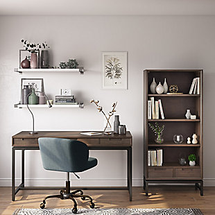 The Banting Collection is made from richly-grained solid Rubberwood stained in a deep walnut brown finish. This mid-century modern industrial collection has a clean angular metal base, with square, simple modern drawer and table top. With no visible hardware, and only simple wood pull handles, the solid Rubberwood top, is simple and uncomplex. The Banting Bookcase has two adjustable shelves and one fixed shelf with 2 small drawers for maximum functionality. The 30" width x 14" depth make this beautiful bookstand usable in your home office, living room, basement or den. The Banting collection includes coffee, console, end tables, tv stands, sideboard buffet, desks and bookcase.; Efforts are made to reproduce accurate colors, variations in color may occur due to computer monitor and photography; At Simpli Home we believe in creating excellent, high quality products made from the finest materials at an affordable price. Every one of our products come with a 1-year warranty and easy returns if you are not satisfiedDIMENSIONS: 14" d x 30" w x 66" h | Handcrafted with care using the finest quality solid Rubberwood and 1.2 inch Blackened Metal | Hand-finished wood with a Walnut Brown stain and a protective NC lacquer to accentuate and highlight the grain and the uniqueness of each piece of furniture | Features two adjustable shelves, one fixed shelf with 2 small drawers on a metal frame and legs | Multipurpose perfectly sized bookcase is highly functional and can be used in any room in your home where you need organized storage | Modern Industrial style that adds a sleek contemporary look to your home. Perfect for condo, townhome or luxury home | Easy to Assemble | We believe in creating excellent, high quality products made from the finest materials at an affordable price. Every one of our products come with a 1-year warranty and easy returns if you are not satisfied.