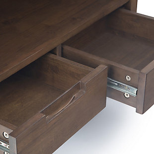 The Banting Collection is made from richly-grained solid Rubberwood stained in a deep walnut brown finish. This mid-century modern industrial collection has a clean angular metal base, with square, simple modern drawer and table top. With no visible hardware, and only simple wood pull handles, the solid Rubberwood top, is simple and uncomplex. The Banting Bookcase has two adjustable shelves and one fixed shelf with 2 small drawers for maximum functionality. The 30" width x 14" depth make this beautiful bookstand usable in your home office, living room, basement or den. The Banting collection includes coffee, console, end tables, tv stands, sideboard buffet, desks and bookcase.; Efforts are made to reproduce accurate colors, variations in color may occur due to computer monitor and photography; At Simpli Home we believe in creating excellent, high quality products made from the finest materials at an affordable price. Every one of our products come with a 1-year warranty and easy returns if you are not satisfiedDIMENSIONS: 14" d x 30" w x 66" h | Handcrafted with care using the finest quality solid Rubberwood and 1.2 inch Blackened Metal | Hand-finished wood with a Walnut Brown stain and a protective NC lacquer to accentuate and highlight the grain and the uniqueness of each piece of furniture | Features two adjustable shelves, one fixed shelf with 2 small drawers on a metal frame and legs | Multipurpose perfectly sized bookcase is highly functional and can be used in any room in your home where you need organized storage | Modern Industrial style that adds a sleek contemporary look to your home. Perfect for condo, townhome or luxury home | Easy to Assemble | We believe in creating excellent, high quality products made from the finest materials at an affordable price. Every one of our products come with a 1-year warranty and easy returns if you are not satisfied.