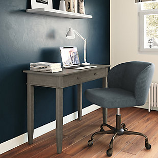 Your home office can be your special place again with this beautiful and functional office desk . Enjoy comfortable computing and work from home or office with the Carlton Desk. Its large surface area is ideal for a monitor, laptop or tablet and leaves enough room for paper, books and other writing accessories. It features a pull-out keyboard tray behind a flip down drawer front. Ideal for the home office or living room settings where it can be used in place of a Console Table.; Efforts are made to reproduce accurate colors, variations in color may occur due to computer monitor and photography; At Simpli Home we believe in creating excellent, high quality products made from the finest materials at an affordable price. Every one of our products come with a 1-year warranty and easy returns if you are not satisfiedDIMENSIONS: 20" D x 42" W x 31.5" H | Handcrafted with care using the finest quality solid wood | Hand-finished with a Dark Tobacco Brown stain and a protective NC lacquer to accentuate and highlight the grain and the uniqueness of each piece of furniture. | Multipurpose desk adds function and style without overwhelming the space. Looks great in your living room, family room, home office, bedroom or condo. Provides plenty of space for office work, studying, writing or gaming | Features flip down drawer front reveals an internal keyboard tray and bronze rounded knobs | Transitional design includes tapered table legs and defined table top | Assembly Required | We believe in creating excellent, high quality products made from the finest materials at an affordable price. Every one of our products come with a 1-year warranty and easy returns if you are not satisfied.