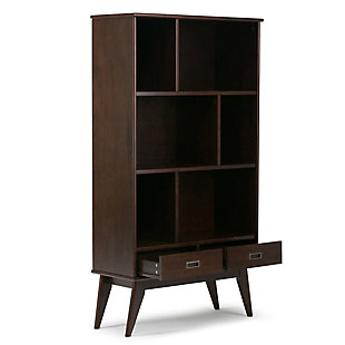Display your favorite books and keepsakes in the Draper Mid Century Wide Bookcase with Storage. This piece is crafted from solid hardwood and combines a mid-century modern design with function. The Draper Mid Century Wide Bookcase with Storage features six shelves and two drawers providing the ultimate solution for all your storage needs. This bookcase delivers a clean lined, contemporary feel to your living room, family room or home office.; Efforts are made to reproduce accurate colors, variations in color may occur due to computer monitor and photography; At Simpli Home we believe in creating excellent, high quality products made from the finest materials at an affordable price. Every one of our products come with a 1-year warranty and easy returns if you are not satisfiedDIMENSIONS: 14" d x 35" w x 64" h | Handcrafted using the finest quality solid rubberwood hardwood | Hand-finished with a Medium Auburn Brown stained and glazed finish with a protective NC lacquer to accentuate and highlight the grain and the uniqueness of each piece of furniture | Features six (6) shelving compartments, two bottom drawers with recessed drawer pulls in an antique brass hardware finish and anti-tip hardware | Multipurpose unit offers plenty of functional storage, looks great in your living room, bedroom, condo or office | Style evokes an era long past with its Mid-Century Modern style roots and retro design elements | Assembly Required | We believe in creating excellent, high quality products made from the finest materials at an affordable price. Every one of our products come with a 1-year warranty and easy returns if you are not satisfied.