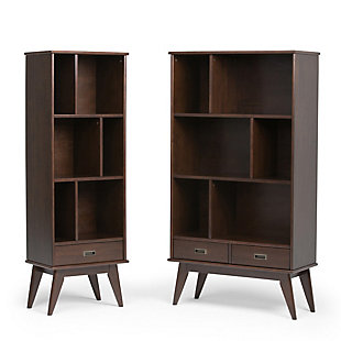 Display your favorite books and keepsakes in the Draper Mid Century Wide Bookcase with Storage. This piece is crafted from solid hardwood and combines a mid-century modern design with function. The Draper Mid Century Wide Bookcase with Storage features six shelves and two drawers providing the ultimate solution for all your storage needs. This bookcase delivers a clean lined, contemporary feel to your living room, family room or home office.; Efforts are made to reproduce accurate colors, variations in color may occur due to computer monitor and photography; At Simpli Home we believe in creating excellent, high quality products made from the finest materials at an affordable price. Every one of our products come with a 1-year warranty and easy returns if you are not satisfiedDIMENSIONS: 14" d x 35" w x 64" h | Handcrafted using the finest quality solid rubberwood hardwood | Hand-finished with a Medium Auburn Brown stained and glazed finish with a protective NC lacquer to accentuate and highlight the grain and the uniqueness of each piece of furniture | Features six (6) shelving compartments, two bottom drawers with recessed drawer pulls in an antique brass hardware finish and anti-tip hardware | Multipurpose unit offers plenty of functional storage, looks great in your living room, bedroom, condo or office | Style evokes an era long past with its Mid-Century Modern style roots and retro design elements | Assembly Required | We believe in creating excellent, high quality products made from the finest materials at an affordable price. Every one of our products come with a 1-year warranty and easy returns if you are not satisfied.