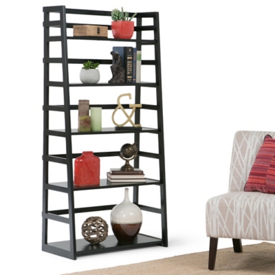 Simpli Home Acadian 63" Wooden Rustic Ladder Bookcase, Black, large