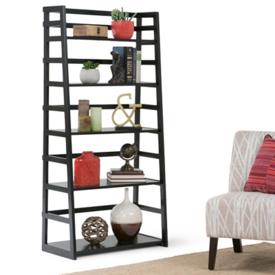 Simpli Home Acadian 63" Wooden Rustic Ladder Bookcase, Black, rollover