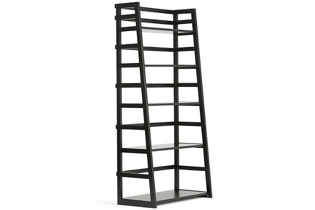 Sometimes a room calls for a light and airy touch. The Acadian Ladder Shelf Bookcase is easy to assemble, easy to install and beautiful to behold. The unit can be used alone or in multiples to create a wall storage system. With its four shelves, this ladder shelf is designed to have flexible storage for books, curios, accessories, sculptures or decorative accents. Perfect for living rooms, offices, bedrooms, hallways and family rooms.; Efforts are made to reproduce accurate colors, variations in color may occur due to computer monitor and photography; At Simpli Home we believe in creating excellent, high quality products made from the finest materials at an affordable price. Every one of our products come with a 1-year warranty and easy returns if you are not satisfiedDIMENSIONS: 30” W x 15.9” D x 63”H | Handcrafted with care using the finest quality solid wood | Hand-finished with a Rich Black Finish and a protective NC lacquer | Features five (5) wide shelves to offer ample room for storage | Multipurpose  unit offers plenty of functional storage. Looks great in your living room, bedroom, condo or office | Transitional Style, created to be used on its own or in multiples to create full wall shelving systems | Assembly required | We believe in creating excellent, high quality products made from the finest materials at an affordable price. Every one of our products come with a 1-year warranty and easy returns if you are not satisfied.