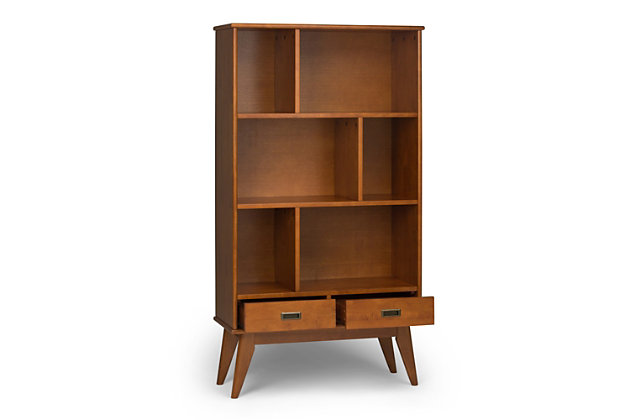 Display your favorite books and keepsakes in the Draper Mid Century Wide Bookcase with Storage. This piece is crafted from solid hardwood and combines a mid-century modern design with function. The Draper Mid Century Wide Bookcase with Storage features six shelves and two drawers providing the ultimate solution for all your storage needs. This bookcase delivers a clean lined, contemporary feel to your living room, family room or home office.; Efforts are made to reproduce accurate colors, variations in color may occur due to computer monitor and photography; At Simpli Home we believe in creating excellent, high quality products made from the finest materials at an affordable price. Every one of our products come with a 1-year warranty and easy returns if you are not satisfiedDIMENSIONS: 14" d x 35" w x 64" h | Handcrafted using the finest quality solid rubberwood hardwood | Hand-finished with a Rich Teak Brown stain and a protective NC lacquer to accentuate and highlight the grain and the uniqueness of each piece of furniture | Features six (6) shelving compartments, two bottom drawers with recessed drawer pulls in an antique brass hardware finish and anti-tip hardware | Multipurpose unit offers plenty of functional storage, looks great in your living room, bedroom, condo or office | Style evokes an era long past with its Mid-Century Modern style roots and retro design elements | Assembly Required | We believe in creating excellent, high quality products made from the finest materials at an affordable price. Every one of our products come with a 1-year warranty and easy returns if you are not satisfied.