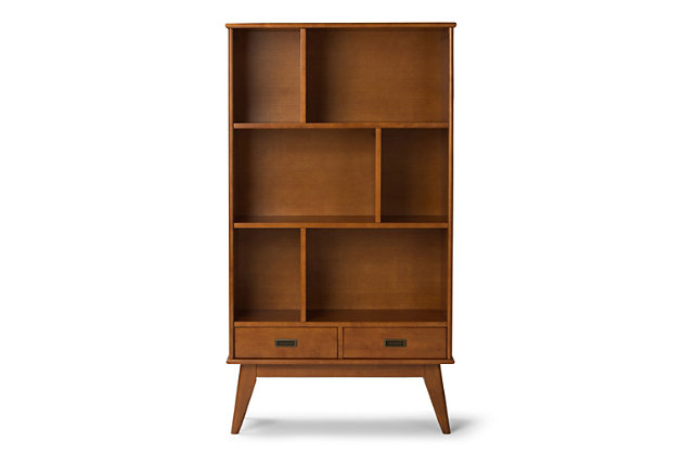 Display your favorite books and keepsakes in the Draper Mid Century Wide Bookcase with Storage. This piece is crafted from solid hardwood and combines a mid-century modern design with function. The Draper Mid Century Wide Bookcase with Storage features six shelves and two drawers providing the ultimate solution for all your storage needs. This bookcase delivers a clean lined, contemporary feel to your living room, family room or home office.; Efforts are made to reproduce accurate colors, variations in color may occur due to computer monitor and photography; At Simpli Home we believe in creating excellent, high quality products made from the finest materials at an affordable price. Every one of our products come with a 1-year warranty and easy returns if you are not satisfiedDIMENSIONS: 14" d x 35" w x 64" h | Handcrafted using the finest quality solid rubberwood hardwood | Hand-finished with a Rich Teak Brown stain and a protective NC lacquer to accentuate and highlight the grain and the uniqueness of each piece of furniture | Features six (6) shelving compartments, two bottom drawers with recessed drawer pulls in an antique brass hardware finish and anti-tip hardware | Multipurpose unit offers plenty of functional storage, looks great in your living room, bedroom, condo or office | Style evokes an era long past with its Mid-Century Modern style roots and retro design elements | Assembly Required | We believe in creating excellent, high quality products made from the finest materials at an affordable price. Every one of our products come with a 1-year warranty and easy returns if you are not satisfied.
