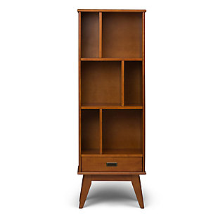 Display your favorite books and keepsakes in the Draper Mid Century Bookcase with Storage. This piece is crafted from solid hardwood and combines a mid-century modern design with function. The Draper Mid Century Bookcase with Storage features six shelves and a drawer providing the ultimate solution for all your storage needs. This bookcase delivers a clean lined, contemporary feel to your living room, family room or home office.; Efforts are made to reproduce accurate colors, variations in color may occur due to computer monitor and photography; At Simpli Home we believe in creating excellent, high quality products made from the finest materials at an affordable price. Every one of our products come with a 1-year warranty and easy returns if you are not satisfiedDIMENSIONS: 14" d x 22" w x 64" h | Handcrafted using the finest quality solid rubberwood hardwood | Hand-finished with a rich Teak Brown stain and a protective NC lacquer to accentuate and highlight the grain and the uniqueness of each piece of furniture | Features six (6) shelving compartments and a drawer for storage with recessed drawer pull in an antique brass hardware finish and anti-tip hardware | Multipurpose unit offers plenty of functional storage, looks great in your living room, bedroom, condo or office | Style evokes an era long past with its Mid-Century Modern style roots and retro design elements | Assembly Required | We believe in creating excellent, high quality products made from the finest materials at an affordable price. Every one of our products come with a 1-year warranty and easy returns if you are not satisfied.