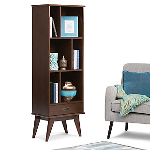 Display your favorite books and keepsakes in the Draper Mid Century Bookcase with Storage. This piece is crafted from solid hardwood and combines a mid-century modern design with function. The Draper Mid Century Bookcase with Storage features six shelves and a drawer providing the ultimate solution for all your storage needs. This bookcase delivers a clean lined, contemporary feel to your living room, family room or home office.; Efforts are made to reproduce accurate colors, variations in color may occur due to computer monitor and photography; At Simpli Home we believe in creating excellent, high quality products made from the finest materials at an affordable price. Every one of our products come with a 1-year warranty and easy returns if you are not satisfiedDIMENSIONS: 14" d x 22" w x 64" h | Handcrafted using the finest quality solid rubberwood hardwood | Hand-finished with a Medium Auburn Brown stained and glazed finish with a protective NC lacquer to accentuate and highlight the grain and the uniqueness of each piece of furniture | Features six (6) shelving compartments and a drawer for storage with recessed drawer pull in an antique brass hardware finish and anti-tip hardware | Multipurpose unit offers plenty of functional storage, looks great in your living room, bedroom, condo or office | Style evokes an era long past with its Mid-Century Modern style roots and retro design elements | Assembly Required | We believe in creating excellent, high quality products made from the finest materials at an affordable price. Every one of our products come with a 1-year warranty and easy returns if you are not satisfied.