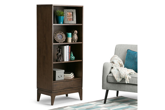 Display your favorite books and keepsakes in the Harper Bookcase with Storage. This bookcase is crafted of solid hardwood. This piece was designed for convenience and versatility. The Harper Bookcase with Storage features four shelves and a notched handle drawer providing the ultimate solution for all of your storage needs. Tapered legs deliver a clean lined, contemporary feel to your living room, family room or home office.; Efforts are made to reproduce accurate colors, variations in color may occur due to computer monitor and photography; At Simpli Home we believe in creating excellent, high quality products made from the finest materials at an affordable price. Every one of our products come with a 1-year warranty and easy returns if you are not satisfiedDIMENSIONS: 16" D x 24" W x 60" H | Handcrafted using the finest quality solid rubberwood hardwood | Hand-finished with a Dark Walnut Brown stain and a protective NC lacquer to accentuate and highlight the grain and the uniqueness of each piece of furniture | Features a spacious drawer with notched handles for storage and four (4) large shelves, three (3) adjustable | Multi-Functional can be used in living room, family room, home office or bedroom | Style evokes an era long past with its Mid-Century Modern style roots and retro design elements | Assembly Required | We believe in creating excellent, high quality products made from the finest materials at an affordable price. Every one of our products come with a 1-year warranty and easy returns if you are not satisfied.