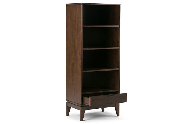 Display your favorite books and keepsakes in the Harper Bookcase with Storage. This bookcase is crafted of solid hardwood. This piece was designed for convenience and versatility. The Harper Bookcase with Storage features four shelves and a notched handle drawer providing the ultimate solution for all of your storage needs. Tapered legs deliver a clean lined, contemporary feel to your living room, family room or home office.; Efforts are made to reproduce accurate colors, variations in color may occur due to computer monitor and photography; At Simpli Home we believe in creating excellent, high quality products made from the finest materials at an affordable price. Every one of our products come with a 1-year warranty and easy returns if you are not satisfiedDIMENSIONS: 16" D x 24" W x 60" H | Handcrafted using the finest quality solid rubberwood hardwood | Hand-finished with a Dark Walnut Brown stain and a protective NC lacquer to accentuate and highlight the grain and the uniqueness of each piece of furniture | Features a spacious drawer with notched handles for storage and four (4) large shelves, three (3) adjustable | Multi-Functional can be used in living room, family room, home office or bedroom | Style evokes an era long past with its Mid-Century Modern style roots and retro design elements | Assembly Required | We believe in creating excellent, high quality products made from the finest materials at an affordable price. Every one of our products come with a 1-year warranty and easy returns if you are not satisfied.