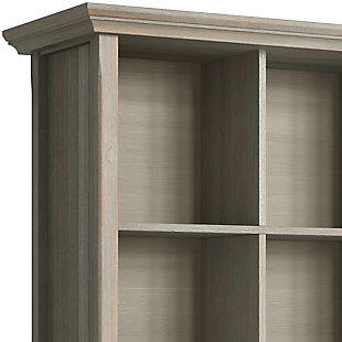 You've been avoiding going into those rooms in your home which are cluttered with books, office supplies, favorite mementos and decor pieces...we can help with that. The Acadian Nine Cube Storage Unit provides the ultimate solution for all of your storage needs. Display your books and decorative accents on dedicated display space for a clean, distinctive cubby look. The stable, attractive design has nine fixed shelves that have exceptional structural strength and durability.; Efforts are made to reproduce accurate colors, variations in color may occur due to computer monitor and photography; At Simpli Home we believe in creating excellent, high quality products made from the finest materials at an affordable price. Every one of our products come with a 1-year warranty and easy returns if you are not satisfiedDIMENSIONS: 15.75" d x 44" w x 48" h | Handcrafted with care using the finest quality solid wood | Hand-finished with a Distressed Grey finish and a protective NC lacquer to accentuate and highlight the grain and the uniqueness of each piece of furniture. | Features twelve (12) large storage cubbies for storage of objects of all shapes and sizes | Multipurpose  unit offers plenty of functional storage. Looks great in your living room, entryway, bedroom, condo or office | Transitional style includes elegantly tapered legs, grooved sides and molded crown edged table top | Assembly Required | We believe in creating excellent, high quality products made from the finest materials at an affordable price. Every one of our products come with a 1-year warranty and easy returns if you are not satisfied.