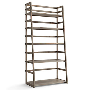 Sometimes a room calls for a light and airy touch. The Acadian Ladder Shelf Bookcase is easy to assemble, easy to install and beautiful to behold. The unit can be used alone or in multiples to create a wall storage system. With its five shelves, this ladder shelf is designed to have flexible storage for books, curios, accessories, sculptures or decorative accents. Perfect for living rooms, offices, bedrooms, hallways and family rooms.; Efforts are made to reproduce accurate colors, variations in color may occur due to computer monitor and photography; At Simpli Home we believe in creating excellent, high quality products made from the finest materials at an affordable price. Every one of our products come with a 1-year warranty and easy returns if you are not satisfiedDIMENSIONS: 30” W x 15.9” D x 63”H | Handcrafted with care using the finest quality solid wood | Hand-finished with a Farmhouse Grey stain and a protective NC lacquer to accentuate and highlight the grain and the uniqueness of each piece of furniture. | Features five (5) wide shelves to offer ample room for storage | Multipurpose  unit offers plenty of functional storage. Looks great in your living room, bedroom, condo or office | Transitional Style, created to be used on its own or in multiples to create full wall shelving systems | Assembly required | We believe in creating excellent, high quality products made from the finest materials at an affordable price. Every one of our products come with a 1-year warranty and easy returns if you are not satisfied.