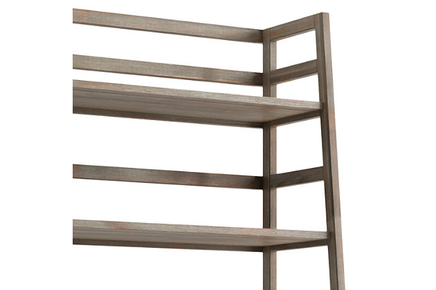 Sometimes a room calls for a light and airy touch. The Acadian Ladder Shelf Bookcase is easy to assemble, easy to install and beautiful to behold. The unit can be used alone or in multiples to create a wall storage system. With its five shelves, this ladder shelf is designed to have flexible storage for books, curios, accessories, sculptures or decorative accents. Perfect for living rooms, offices, bedrooms, hallways and family rooms.; Efforts are made to reproduce accurate colors, variations in color may occur due to computer monitor and photography; At Simpli Home we believe in creating excellent, high quality products made from the finest materials at an affordable price. Every one of our products come with a 1-year warranty and easy returns if you are not satisfiedDIMENSIONS: 30” W x 15.9” D x 63”H | Handcrafted with care using the finest quality solid wood | Hand-finished with a Farmhouse Grey stain and a protective NC lacquer to accentuate and highlight the grain and the uniqueness of each piece of furniture. | Features five (5) wide shelves to offer ample room for storage | Multipurpose  unit offers plenty of functional storage. Looks great in your living room, bedroom, condo or office | Transitional Style, created to be used on its own or in multiples to create full wall shelving systems | Assembly required | We believe in creating excellent, high quality products made from the finest materials at an affordable price. Every one of our products come with a 1-year warranty and easy returns if you are not satisfied.