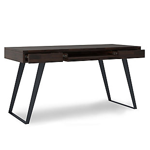 Combine industrial, urban style and function with the Lowry Desk. This desk is crafted of solid Acacia with solid metal legs. Generous in size, this desk offers a spacious top surface and includes a keyboard tray for added convenience. Two notched handle drawers provide plenty of space for small office supplies. Working from home office or den never felt so good; Efforts are made to reproduce accurate colors, variations in color may occur due to computer monitor and photography; At Simpli Home we believe in creating excellent, high quality products made from the finest materials at an affordable price. Every one of our products come with a 1-year warranty and easy returns if you are not satisfiedDimensions: 24" D x 54" W x 29.9" H; Handcrafted with care using the finest quality solid Acacia Hardwood and metal | Hand finished in Distressed Hickory Brown with a protective NC lacquer to accentuate and highlight the grain and the uniqueness of each piece of furniture | Features a flip down pull-out keyboard tray and two (2) drawers with metal drawer glides; Assembly Required | Multipurpose desk adds function and style without overwhelming the space.  Looks great in your living room, family room, home office, bedroom or condo. Provides plenty of space for office work, studying, writing or gaming; Modern, industrial design includes discreet hand pulls on drawers and solid metal angled legs for reliable support