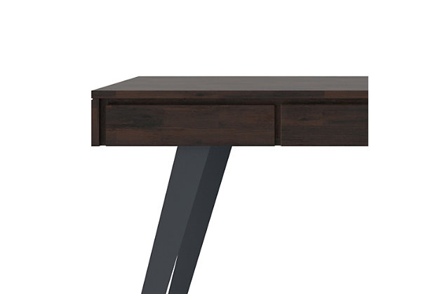 Combine industrial, urban style and function with the Lowry Desk. This desk is crafted of solid Acacia with solid metal legs. Generous in size, this desk offers a spacious top surface and includes a keyboard tray for added convenience. Two notched handle drawers provide plenty of space for small office supplies. Working from home office or den never felt so good; Efforts are made to reproduce accurate colors, variations in color may occur due to computer monitor and photography; At Simpli Home we believe in creating excellent, high quality products made from the finest materials at an affordable price. Every one of our products come with a 1-year warranty and easy returns if you are not satisfiedDimensions: 24" D x 54" W x 29.9" H; Handcrafted with care using the finest quality solid Acacia Hardwood and metal | Hand finished in Distressed Hickory Brown with a protective NC lacquer to accentuate and highlight the grain and the uniqueness of each piece of furniture | Features a flip down pull-out keyboard tray and two (2) drawers with metal drawer glides; Assembly Required | Multipurpose desk adds function and style without overwhelming the space.  Looks great in your living room, family room, home office, bedroom or condo. Provides plenty of space for office work, studying, writing or gaming; Modern, industrial design includes discreet hand pulls on drawers and solid metal angled legs for reliable support