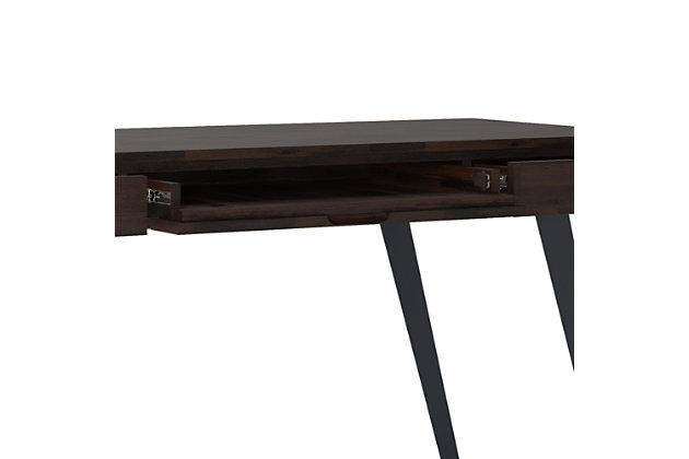 Combine industrial, urban style and function with the Lowry Desk. This desk is crafted of solid Acacia and solid metal legs. Generous in size, this desk offers a spacious top surface and includes a keyboard tray for added convenience. Two notched handle drawers provide plenty of space for small office supplies. Working from home office or den never felt so good.; Efforts are made to reproduce accurate colors, variations in color may occur due to computer monitor and photography; At Simpli Home we believe in creating excellent, high quality products made from the finest materials at an affordable price. Every one of our products come with a 1-year warranty and easy returns if you are not satisfiedDIMENSIONS: 24" D x 53.9"W x 29.9"H; Handcrafted with care using the finest quality solid Acacia Hardwood and metal | Hand-finished in Rustic Natural Aged Brown with a protective NC lacquer to accentuate and highlight the grain and the uniqueness of each piece of furniture | Multipurpose desk adds function and style without overwhelming the space. Looks great in your living room, family room, home office, bedroom or condo. Provides plenty of space for office work, studying, writing or gaming; Assembly Required | Features a flip down pull-out keyboard tray, two (2) drawers with discreet hand pulls and metal drawer glides; Modern Industrial design includes solid metal angled legs for reliable support