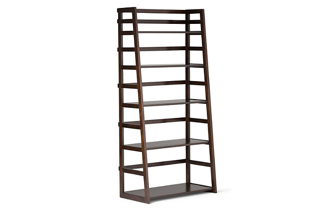 Sometimes a room calls for a light and airy touch. This ladder-style bookcase is easy to assemble, easy to install and beautiful to behold. The unit can be used alone or in multiples to create a wall storage system. With its five sturdy shelves, this ladder shelf system is designed for flexible storage for books, bath towels, dishes, sculptures or decorative accents. Versatile and space-saving, it works in the kitchen, dining room, bathroom or laundry room—wherever a little order is in order.DIMENSIONS: 30” W x 15.9” D x 63”H | Handcrafted with care using the finest quality solid wood | Hand-finished with a Light Golden Brown stain and a protective NC lacquer to accentuate and highlight the grain and the uniqueness of each piece of furniture. | Features five (5) wide shelves to offer ample room for storage | Multipurpose  unit offers plenty of functional storage. Looks great in your living room, bedroom, condo or office | Transitional Style, created to be used on its own or in multiples to create full wall shelving systems | Assembly required | We believe in creating excellent, high quality products made from the finest materials at an affordable price. Every one of our products come with a 1-year warranty and easy returns if you are not satisfied.